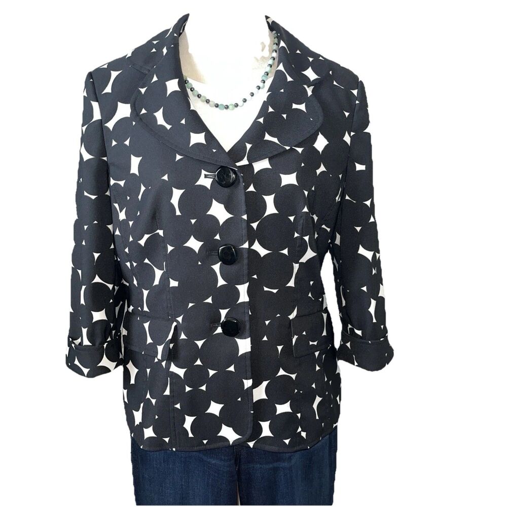 Le Suit Women's Fully Lined Blazer Black Off White 3/4 Cuff Sleeve Pockets Sz 10